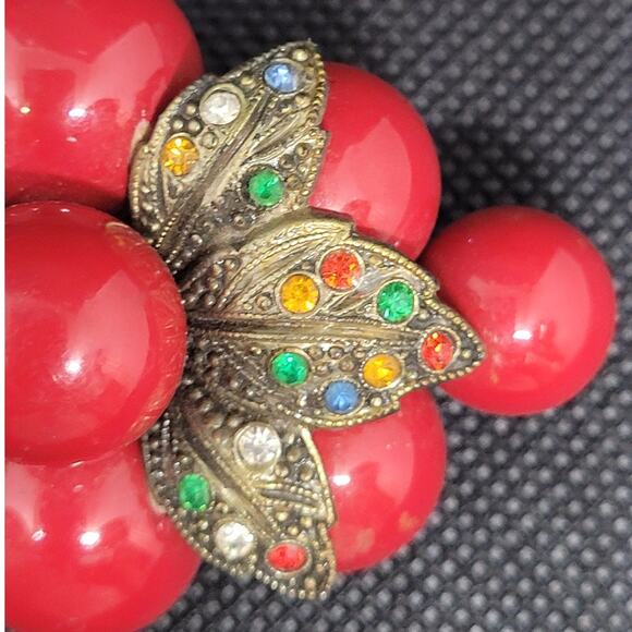 Glam Retro 1940s Cherry Rhinestone Plastic Brooch Statement Accessory - Picture 5 of 7